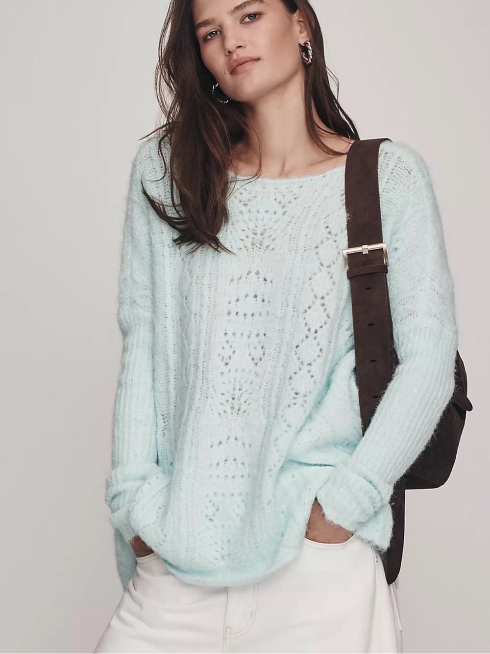 Anthropologie Pointelle Sweater in Light Blue Open-Knit Cozy Women's Sweater NEW